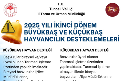 Tunceli’de Üreticiye Müjde: 2025 Yılı Hayvancılık Desteklemeleri Başvuruları Başladı