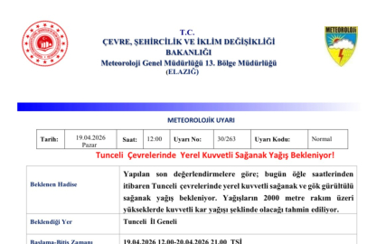 Meteorolojiden Tunceli için sağanak yağış uyarısı